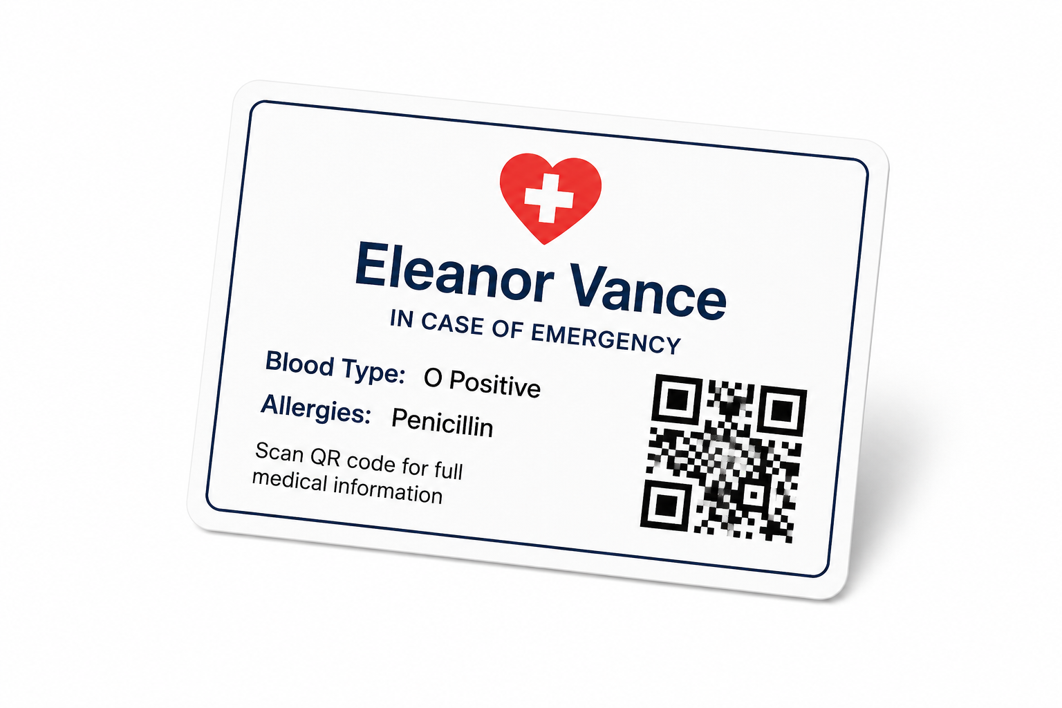 Wallet-sized emergency card with QR code for Eleanor Vance