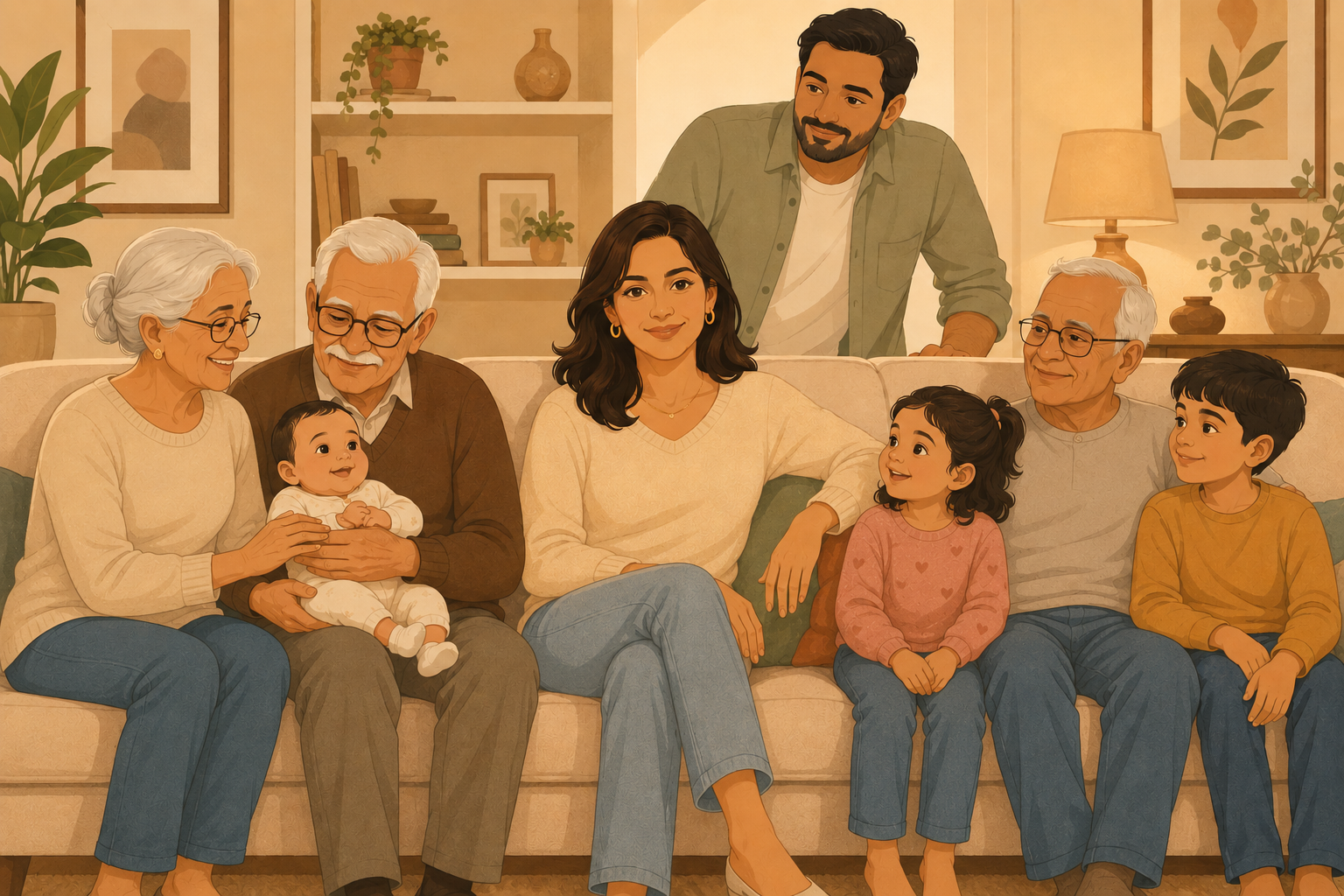 A multigenerational family relaxing together at home